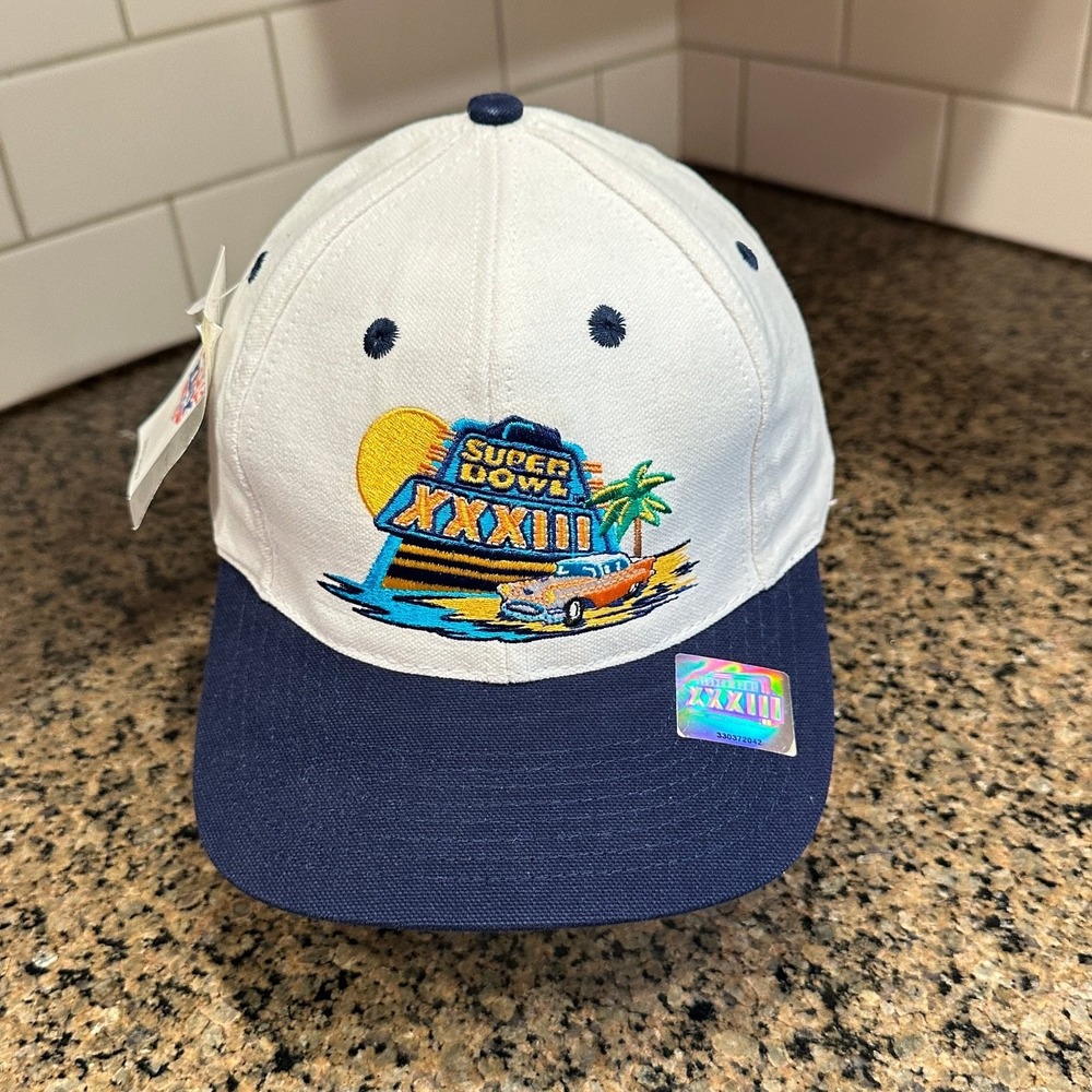 Vtg Super Bowl XXXIII LOGO 7 Hat Adjustable White Blue NFL Deadstock New